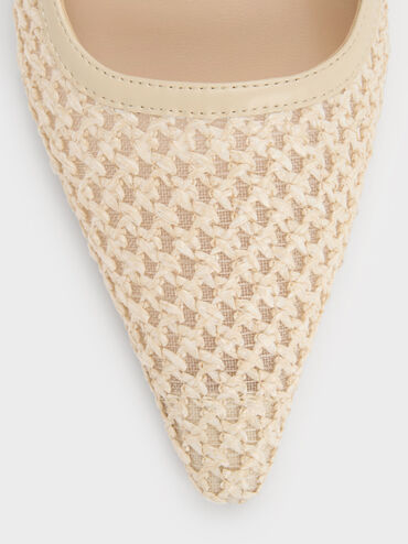 Sepatu Mules Pointed Sculptural-Heel Raffia, Beige, hi-res
