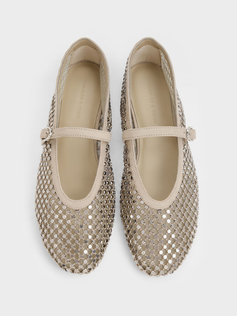 Maggie Mesh Crystal Mary Janes, Taupe, hi-res