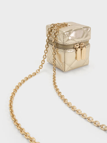 Tas Micro Chain-Handle Quilted Janie Metallic, Champagne, hi-res