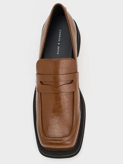Sepatu Loafers Monique Crinkle-Effect Square-Toe, Brown, hi-res