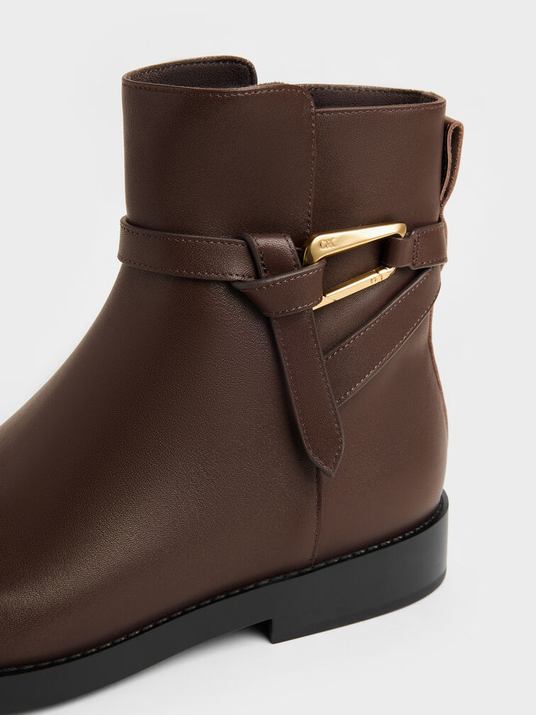 Sepatu Ankle Boots Daena Leather Metallic-Accent, Dark Brown, hi-res