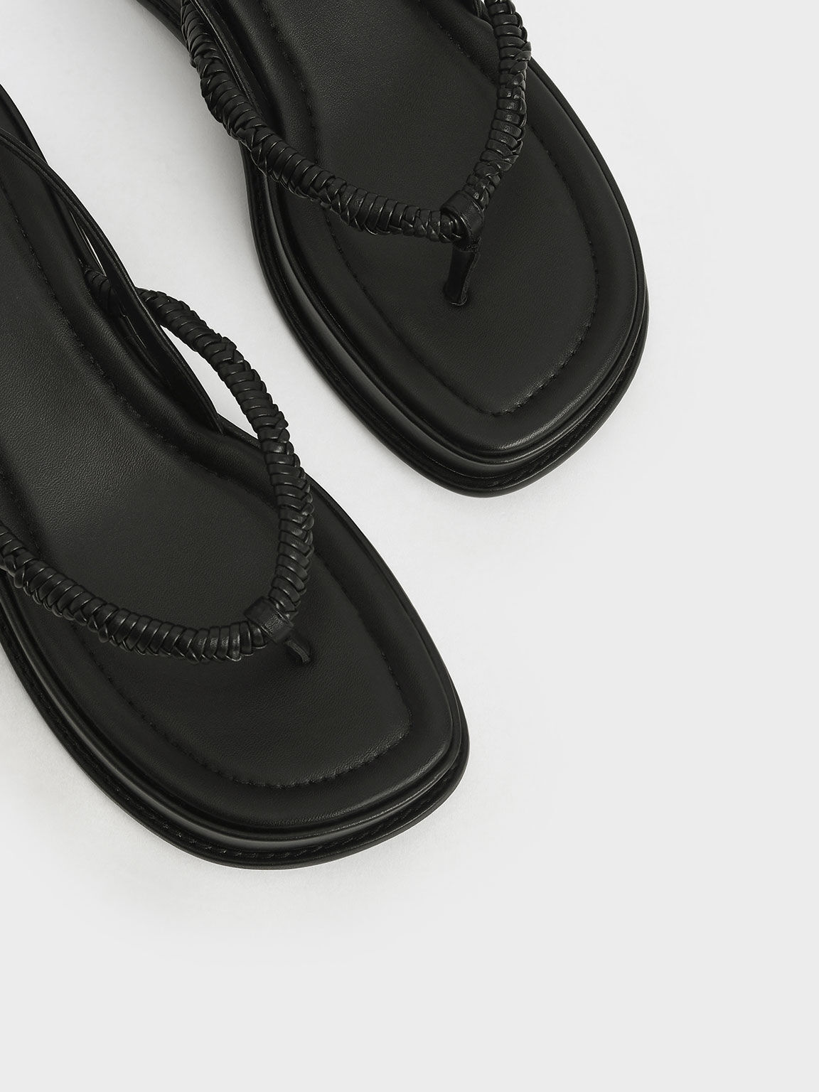 Braided Strap Platform Thong Sandals, Black, hi-res