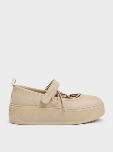 Sepatu Sneakers Platform Mary Jane Faux Suede, Beige, hi-res