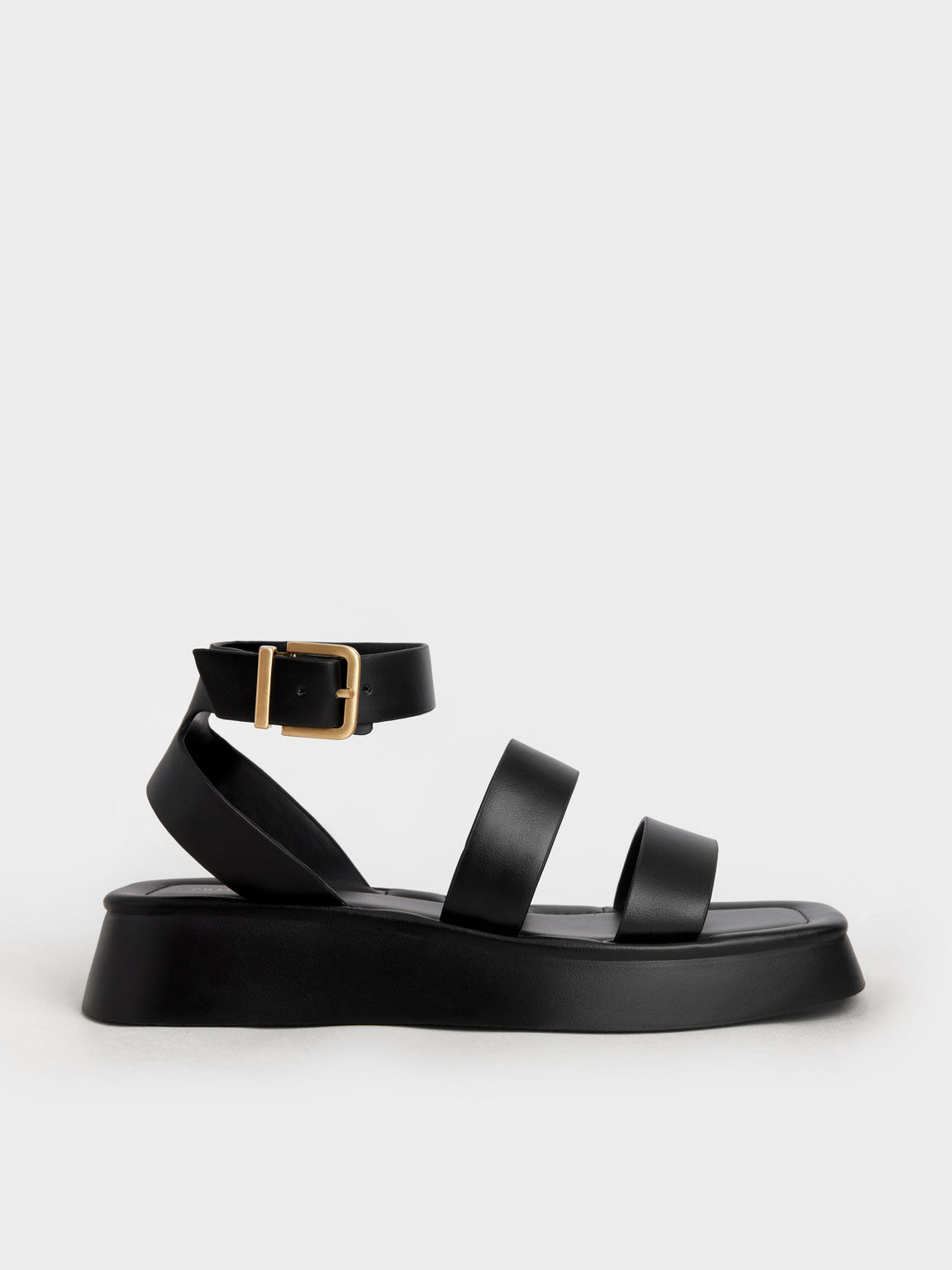 Black Square Toe Ankle-Strap Sandals 