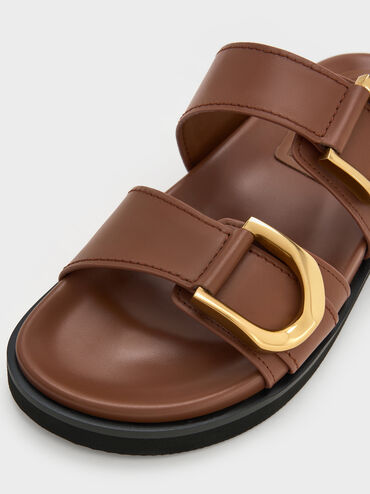 Gabine Gold-Buckle Leather Slides, Chocolate, hi-res