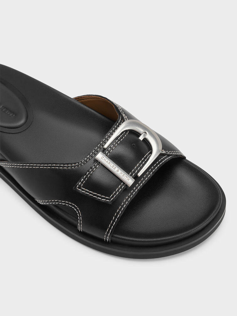 Sendal Selop Buckled Stitch-Trim, Black, hi-res