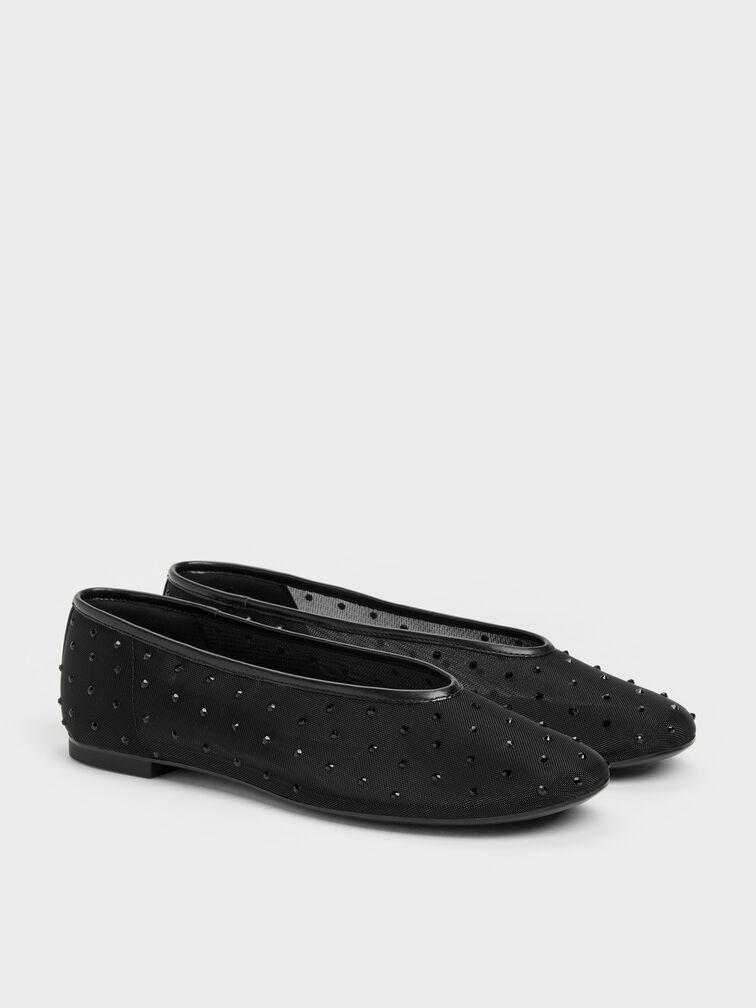 Sepatu Flats Ballet Crystal Mesh, Black Textured, hi-res