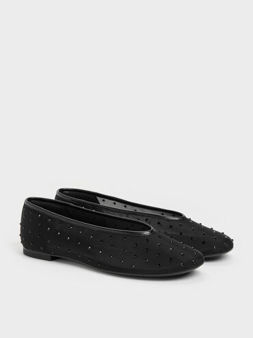 Sepatu Flats Ballet Crystal Mesh, Black Textured, hi-res