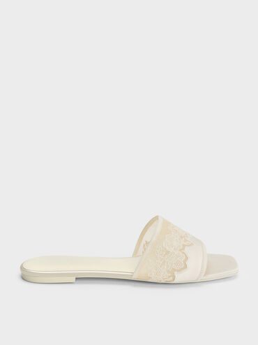 Sandal Selip Embroidered-Mesh Satin, White, hi-res