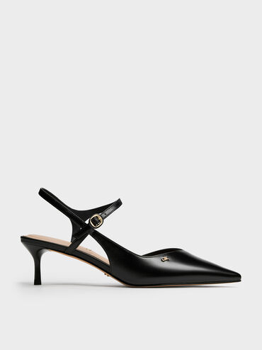 Leather Buckle-Strap Kitten Heels, Black, hi-res