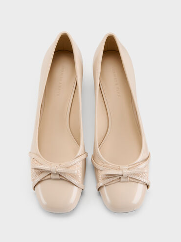 Sepatu Pumps Bettina Double-Bow, Beige, hi-res
