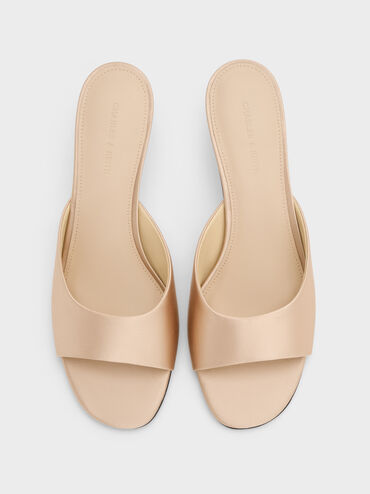 Sepatu Mules Crystal-Heel Satin, Gold, hi-res