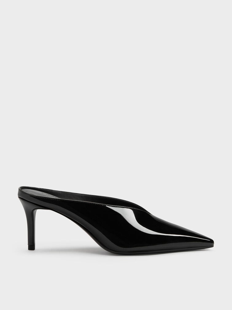 Sepatu Mules Heeled Pointed Patent, Black Patent, hi-res
