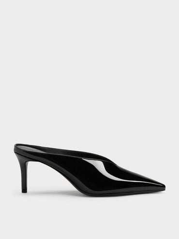 Sepatu Mules Heeled Pointed Patent, Black Patent, hi-res