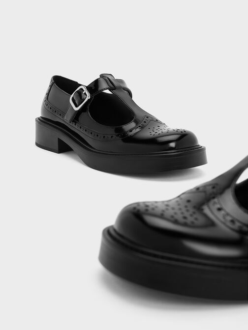 Sepatu Mary Janes Brogue Leather T-Bar, Black Box, hi-res