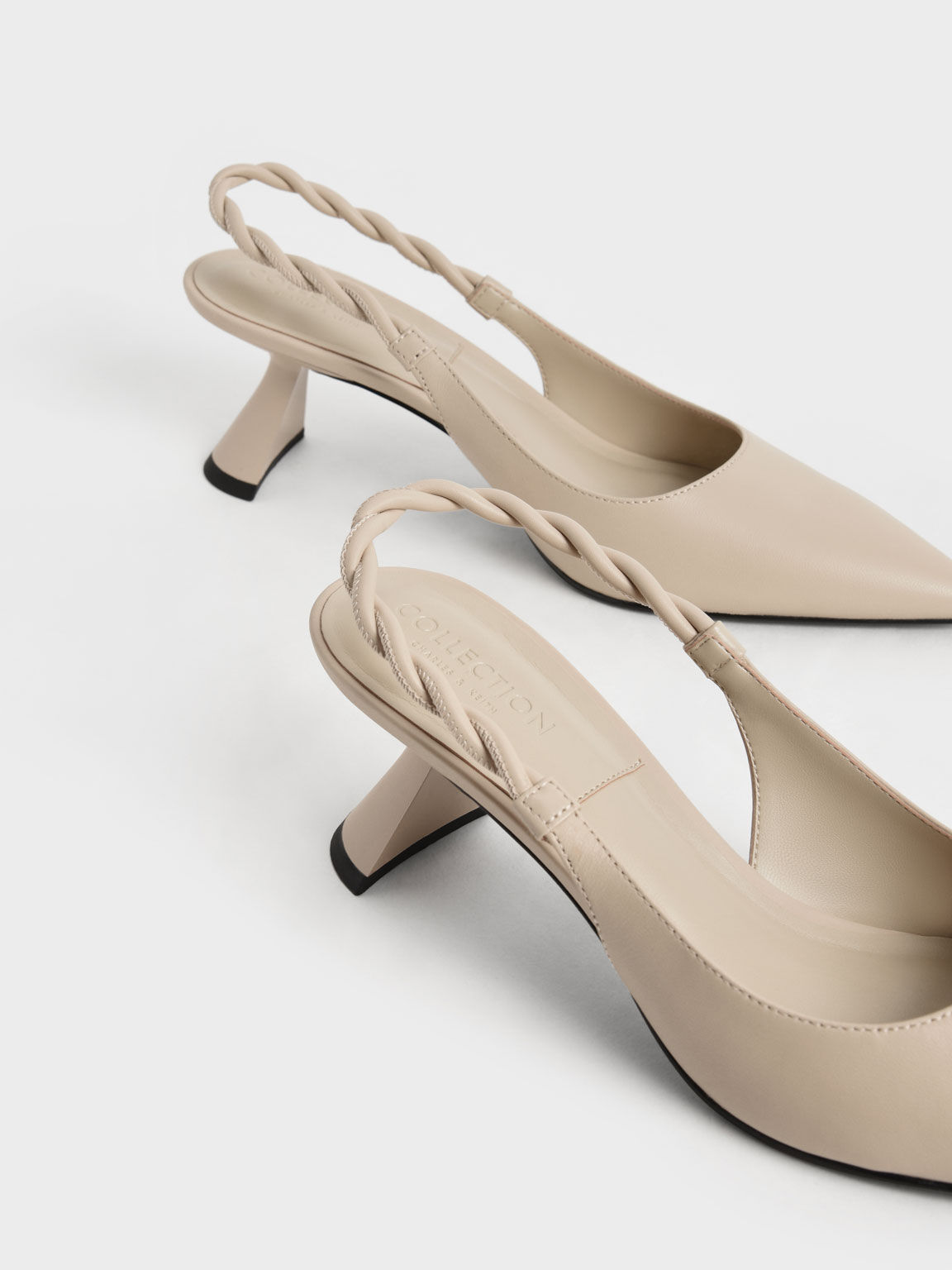 Beige Leather Braided Slingback Pumps 