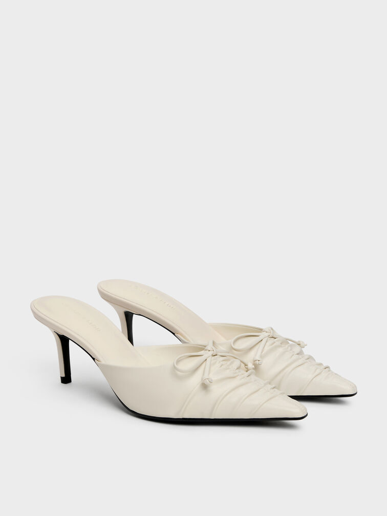 Ruched Bow Pointed Heeled Mules, Chalk, hi-res