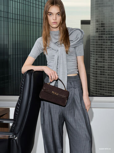 Tas Top Handle Belted Arlet Recycled Suede, Espresso Brown, hi-res