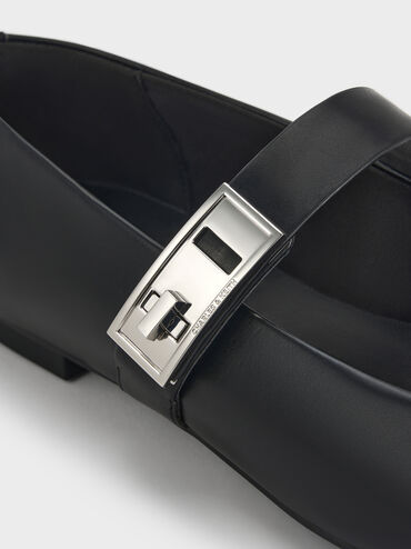 Sepatu Flats Mary Jane Metallic-Buckle Lando, Black, hi-res