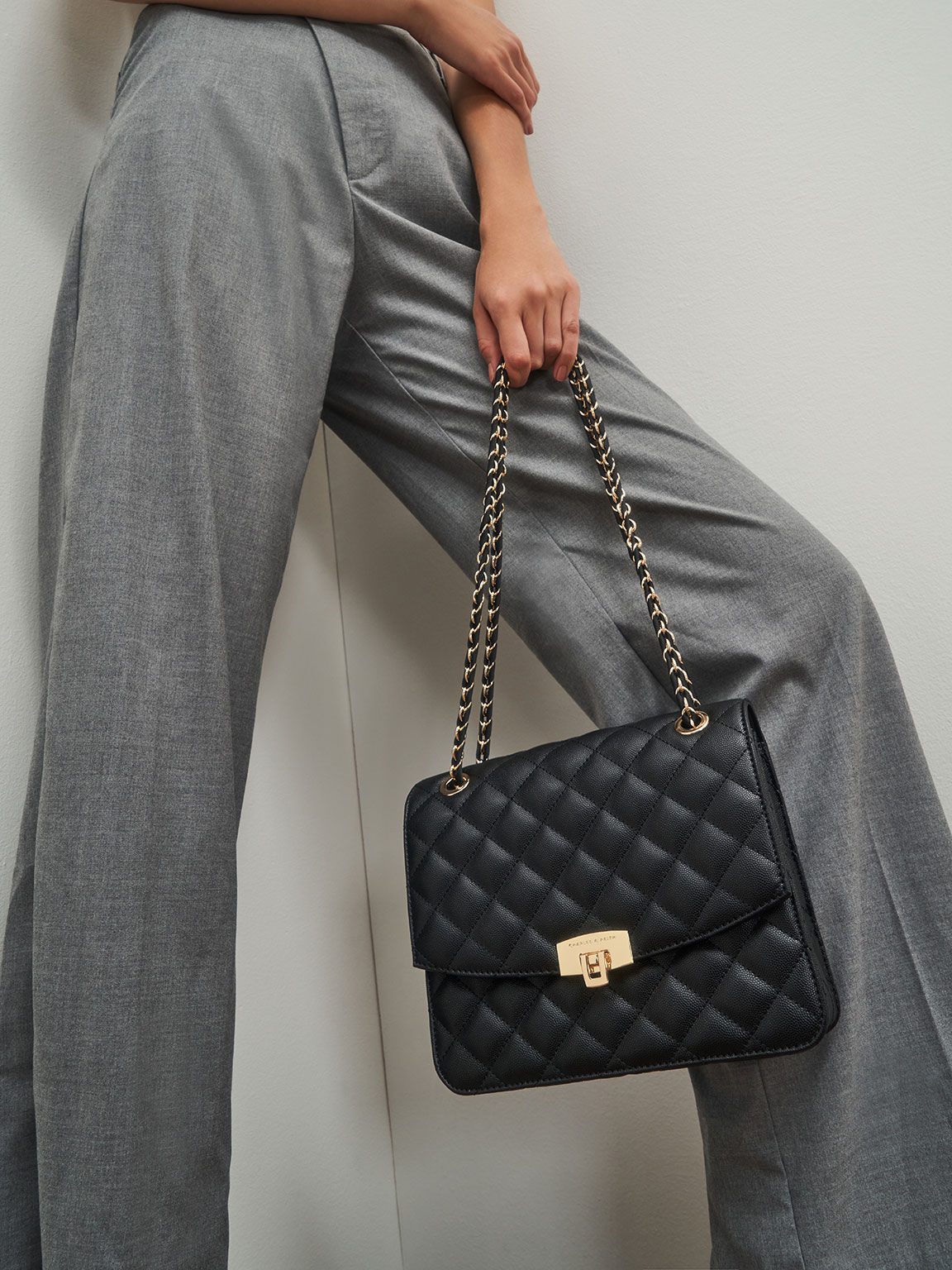 Quilted Chain Strap Clutch, Black, hi-res