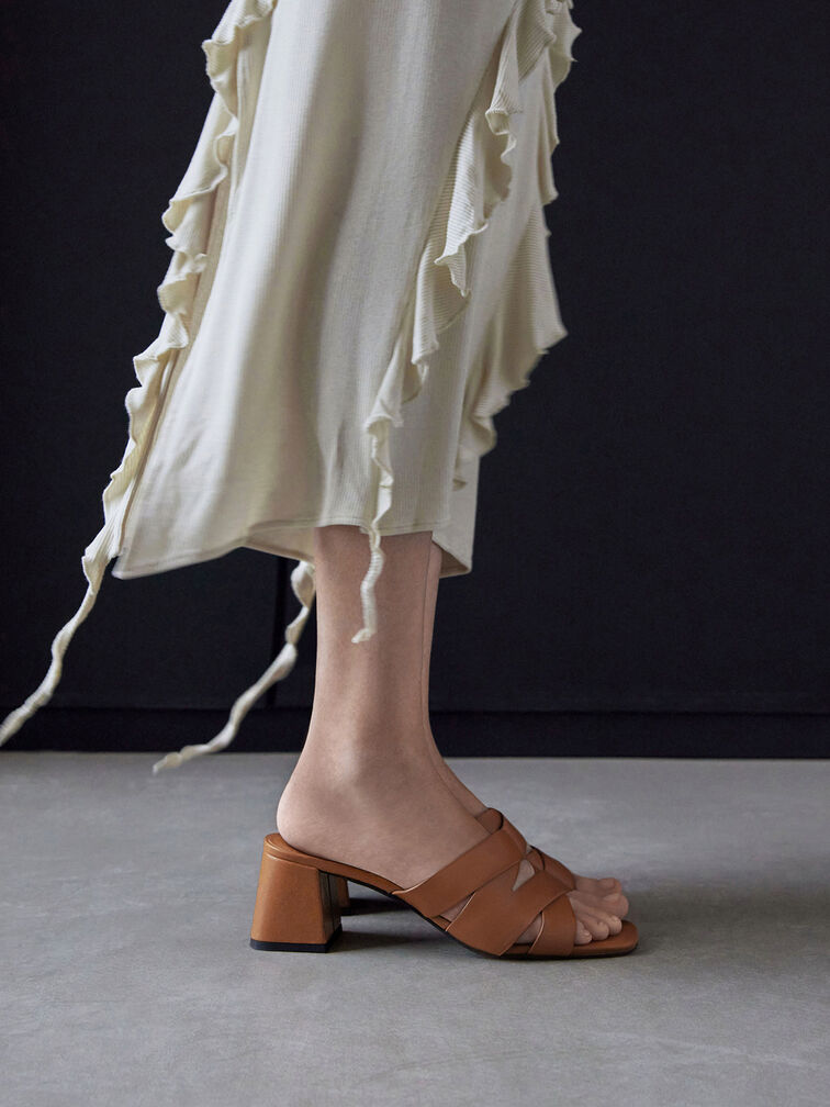 Crossover-Strap Square-Toe Block-Heel Mules, Cognac, hi-res