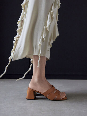 Crossover-Strap Square-Toe Block-Heel Mules, Cognac, hi-res