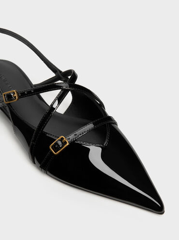Sepatu Flats Slingback Strappy Patent Maybelle, Black Patent, hi-res
