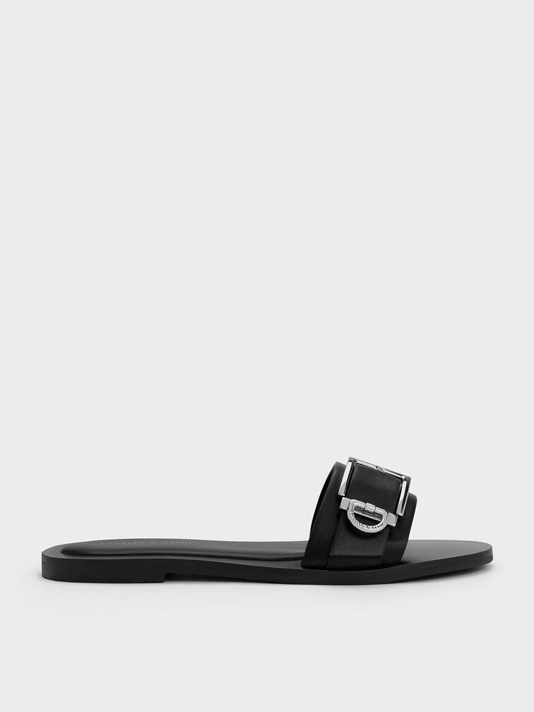 Sandal Slide Metallic Buckle, Black, hi-res