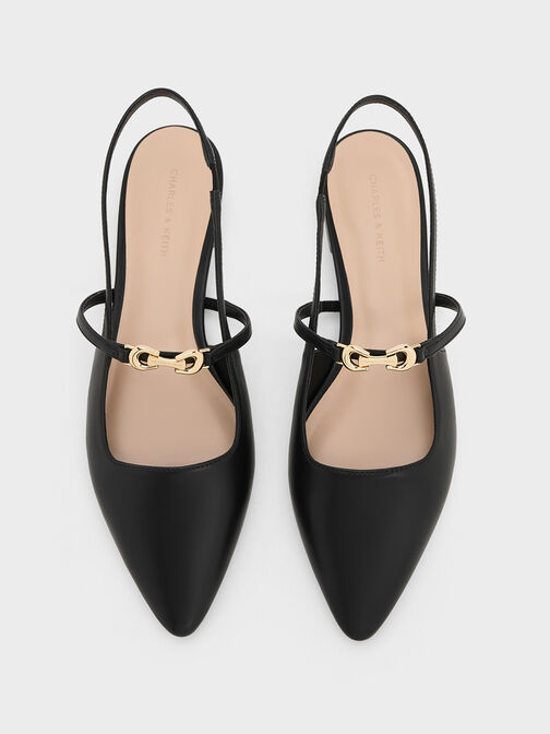 Sepatu Slingback Flats Pointed-Toe Metallic-Accent, Black, hi-res