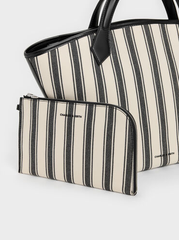 Tas Tote Striped Canvas Ivanna Large, Noir, hi-res