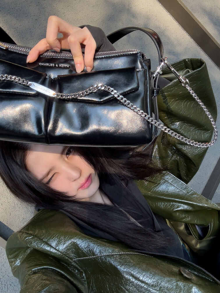 Tas Bahu Chain Front-Pocket Rachel, Noir, hi-res