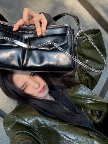 Rachel Front-Pocket Chain Shoulder Bag, Noir, hi-res