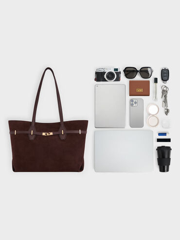 Arlet Recycled Suede Double-Handle Belted Tote Bag, Espresso Brown, hi-res