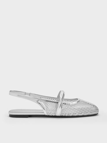 Sepatu Flats Mary Jane Slingback Mesh Ellory, Silver, hi-res