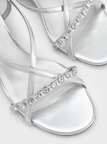 Metallic Gem Heeled Slingback Sandals, Silver, hi-res