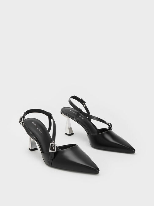 Sepatu Slingback Pumps Asymmetric Curved Heel, Black, hi-res