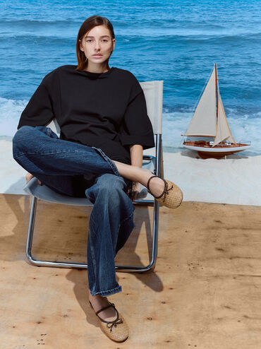 Sepatu Mules Mary Jane Bow Raffia, Dark Brown Textured, hi-res