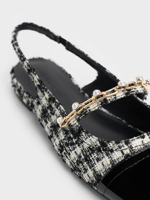 Sepatu Slingback Flats Chain-Link Beaded Tweed, Black Textured, hi-res