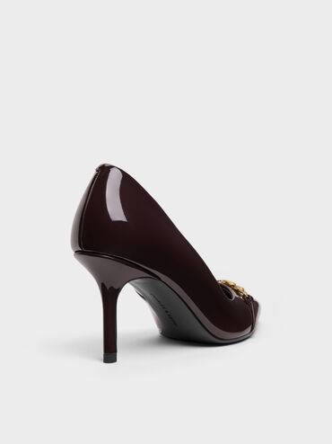 Sepatu Pumps Pointed Metallic-Buckle Patent, Burgundy, hi-res