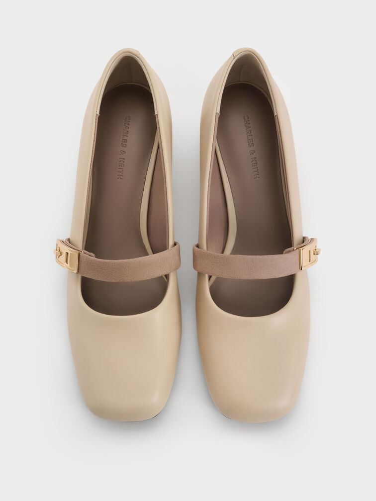 Sepatu Pumps Mary Jane Metallic-Buckle Lando Two-Tone, Chalk, hi-res