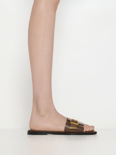 Whitney Leather Slide Sandals, Dark Brown, hi-res