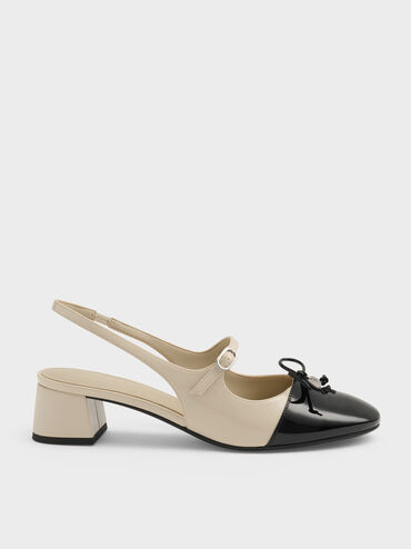 Sepatu Pumps Slingback Bow Two-Tone Patent, Chalk, hi-res