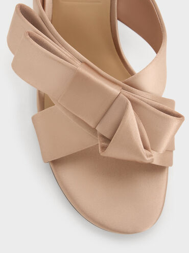 Sepatu Mules Heeled Pleated-Bow, Nude, hi-res
