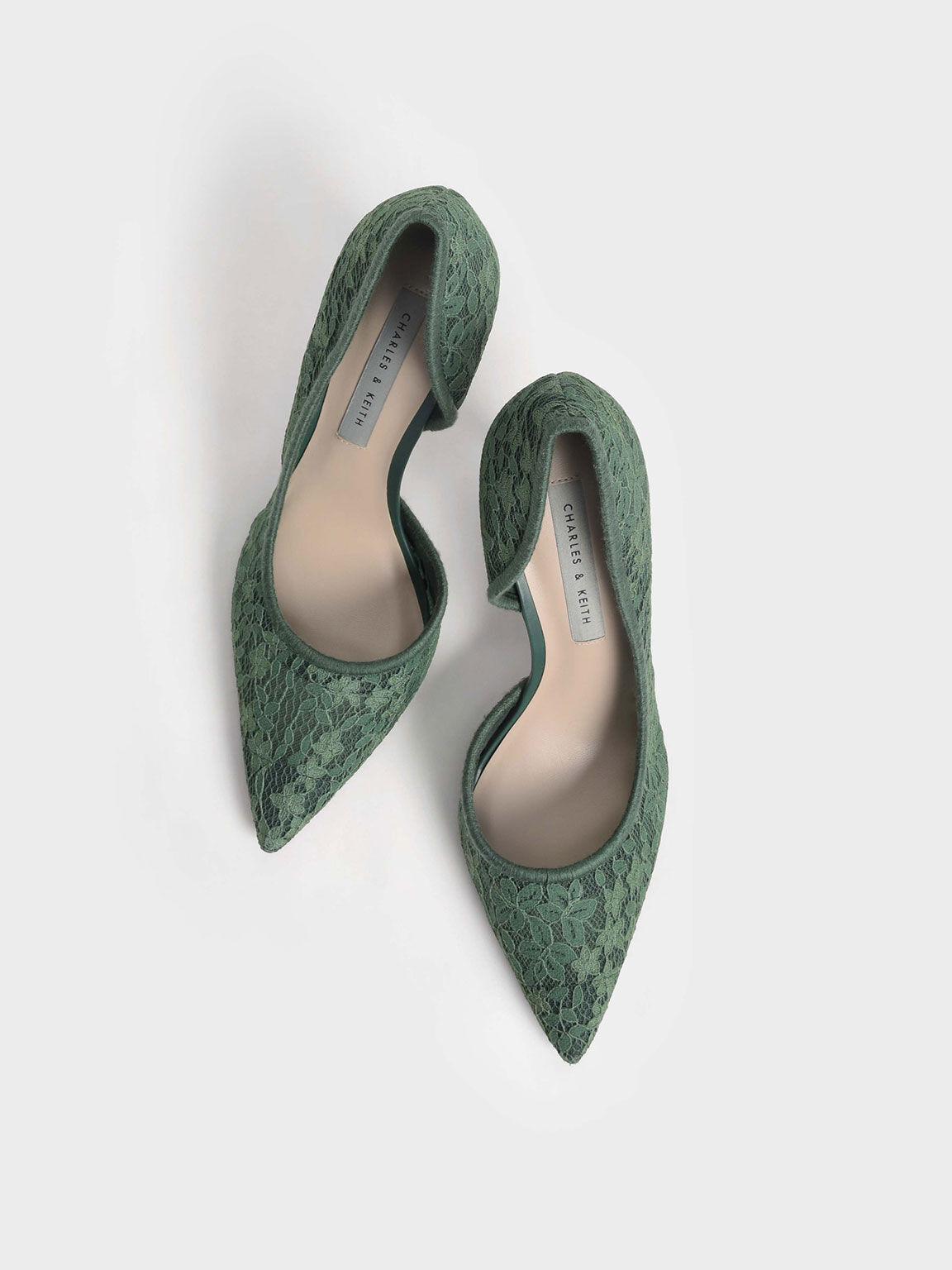 Sepatu Pumps Stiletto Lace & Mesh Half D'Orsay, Green, hi-res