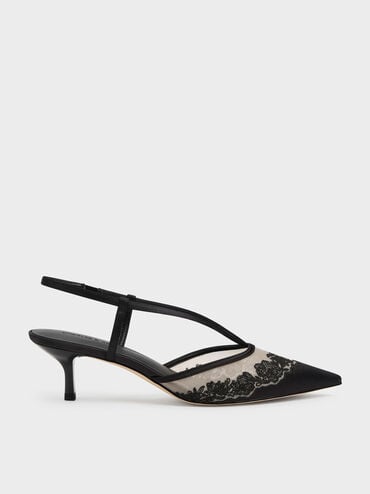 Sepatu Kitten Heels Slingback Embroidered-Satin, Black Textured, hi-res