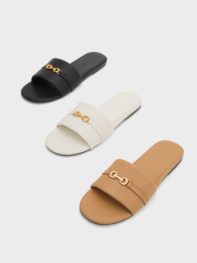 Metallic Accent Round-Toe Slide Sandals, Camel, hi-res