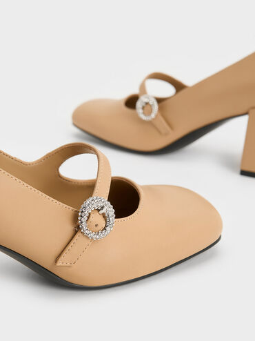 Sepatu Pumps Mary Jane Crystal-Embellished, Camel, hi-res