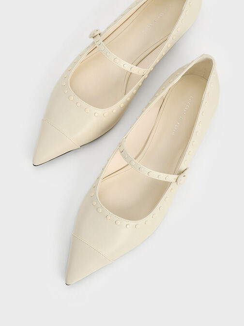 Sepatu Flats Mary Jane Studded Pointed-Toe, Chalk, hi-res