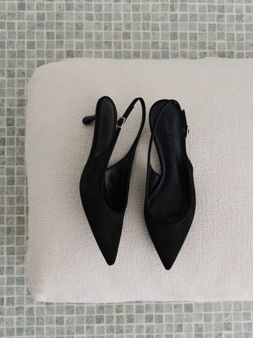 Sepatu Pumps Slingback Ruthie Faux Suede, Black Textured, hi-res