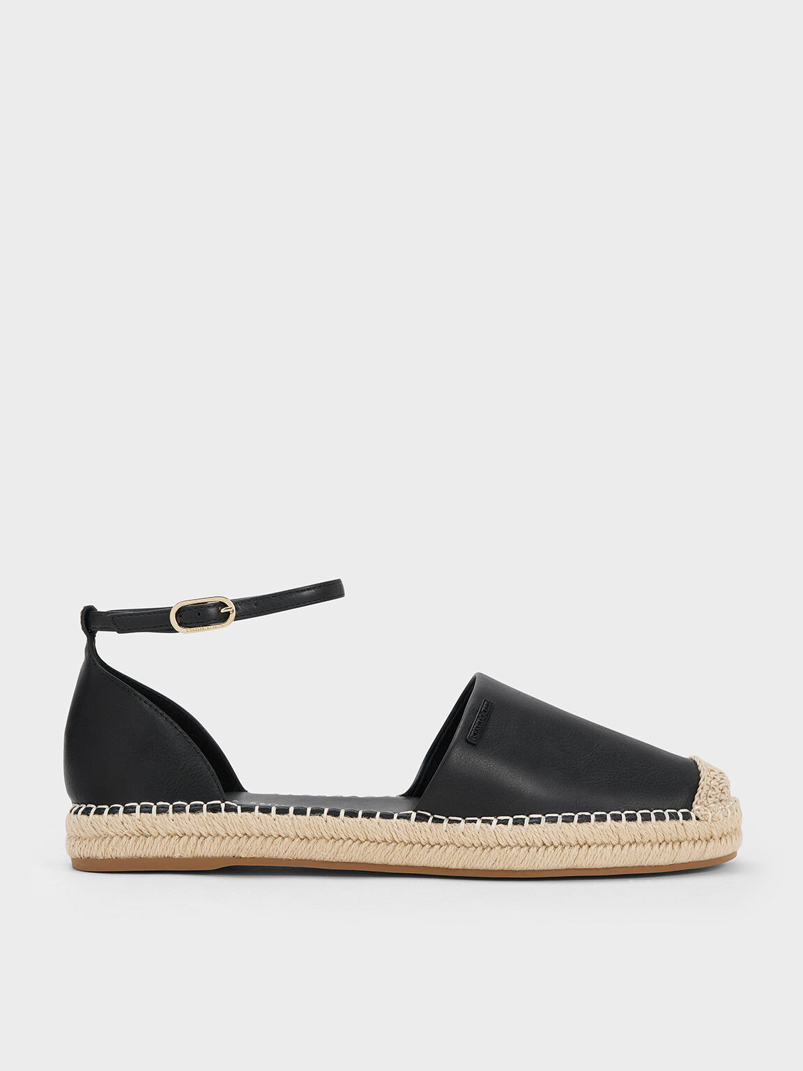 Black Sandal Flats Linen Ankle-Strap Espadrille, Black, hi-res
